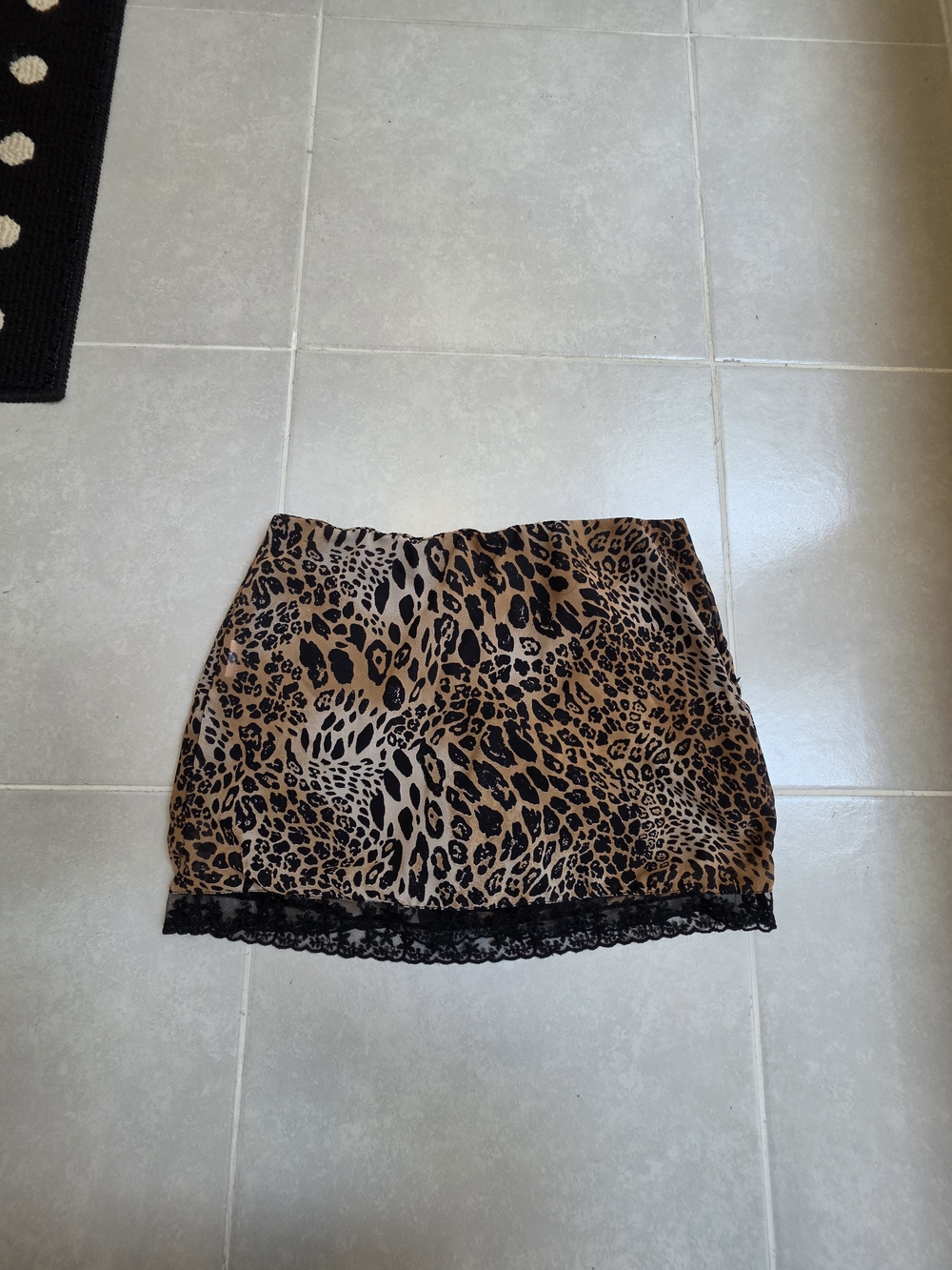 Leopard Print Mini Skirt with Lace Trim - Brown/Black